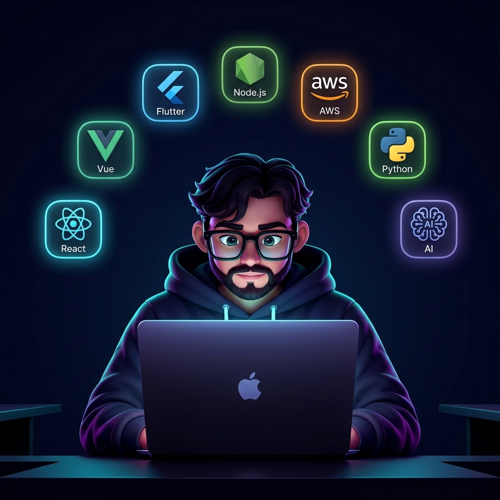 Smart_Coder_Hacker 3D developer coding on laptop surrounded by AI and tech tools